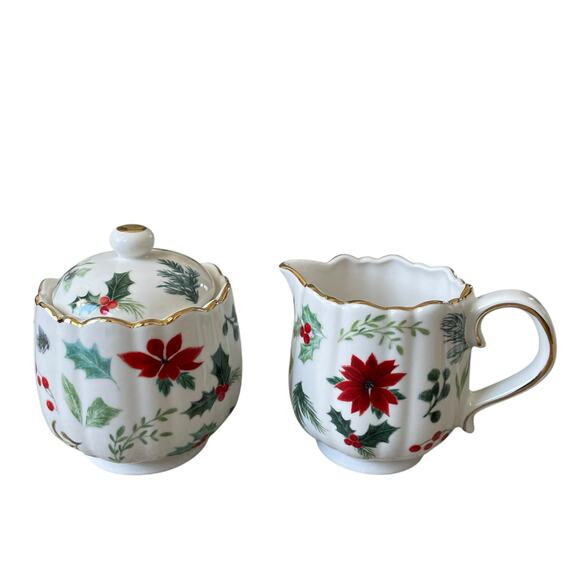 Grace Teaware Christmas Holly Poinsettia Porcelain Sugar & Creamer Set New - Picture 14 of 16